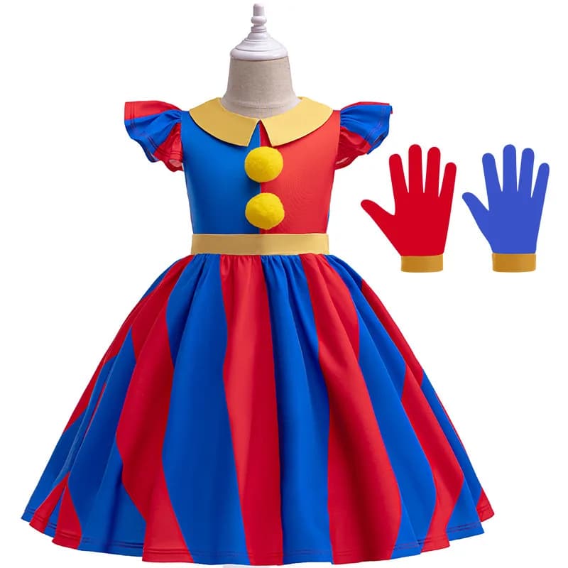 Costume da Clown per Bambine, Abito da Circo Digitale Rosso e Blu a Maniche Corte, Vestito per Halloween e Feste in Maschera