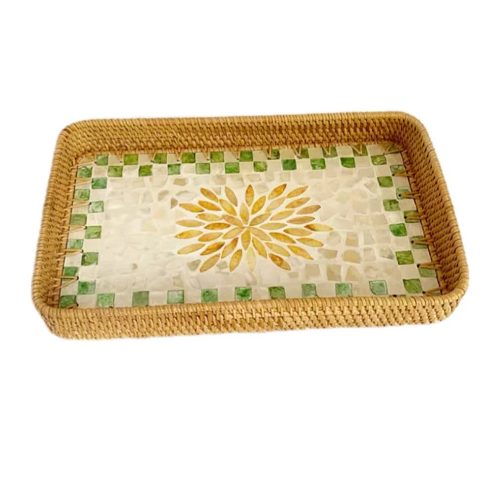 Cesto in Rattan Intrecciato a Mano con Conchiglie, Vassoio Decorativo in Rattan e Conchiglie, Piatto Colorato per Frutta Secca