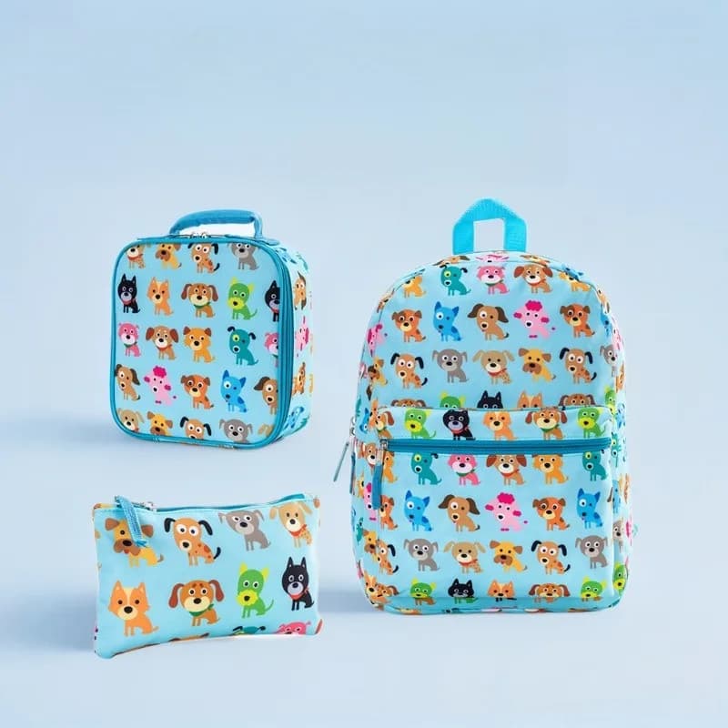 Kids Backpack 3 Piece Set Primary School Student School Bag Insulated Lunch Bag and Pencil Case Dog Print