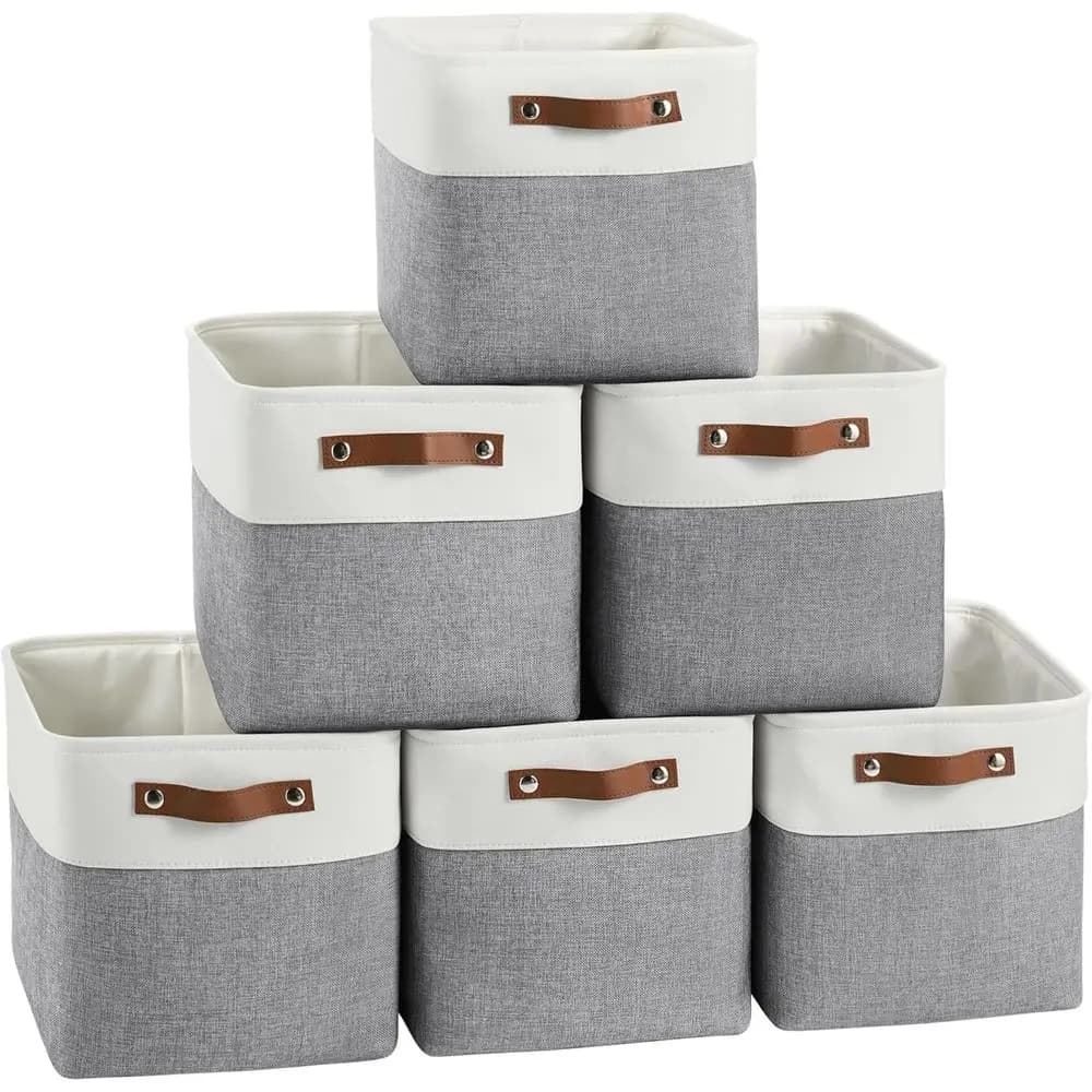Confezione da 6 cesti portaoggetti cubici da 11x11 pollici con manici in pelle, bianco/grigio