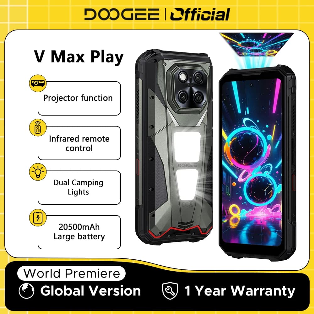 DOOGEE V Max Play Proiettore 5G Telefono robusto 6.78 "120Hz 20500mAh Doppia luci da campeggio 16GB + 512GB 200MP Fotocamera principale NFC Smartphone