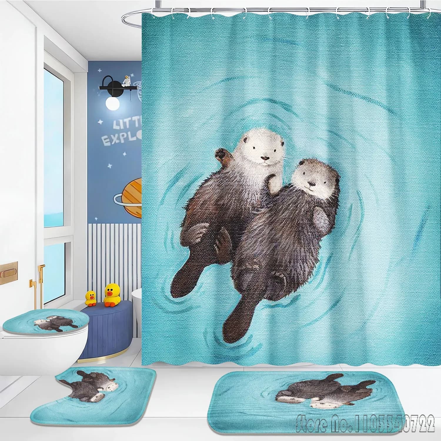 Otter Animal Anime Bath Shower Curtain Set 4pcs with Hooks Waterproof Bathroom Toilet Mat Lid Decor