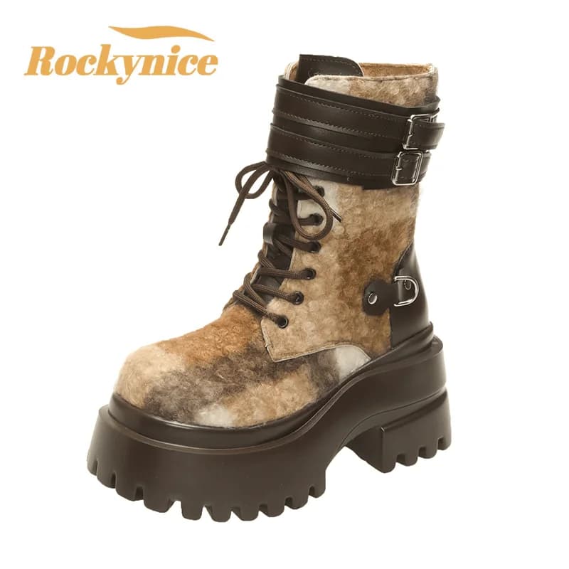 New 2025 Women Winter Fur Ankle Boots 9CM Female High Platform Sneakers Woman Belt Buckle Chunky Plush Warm Motorcycle Booties