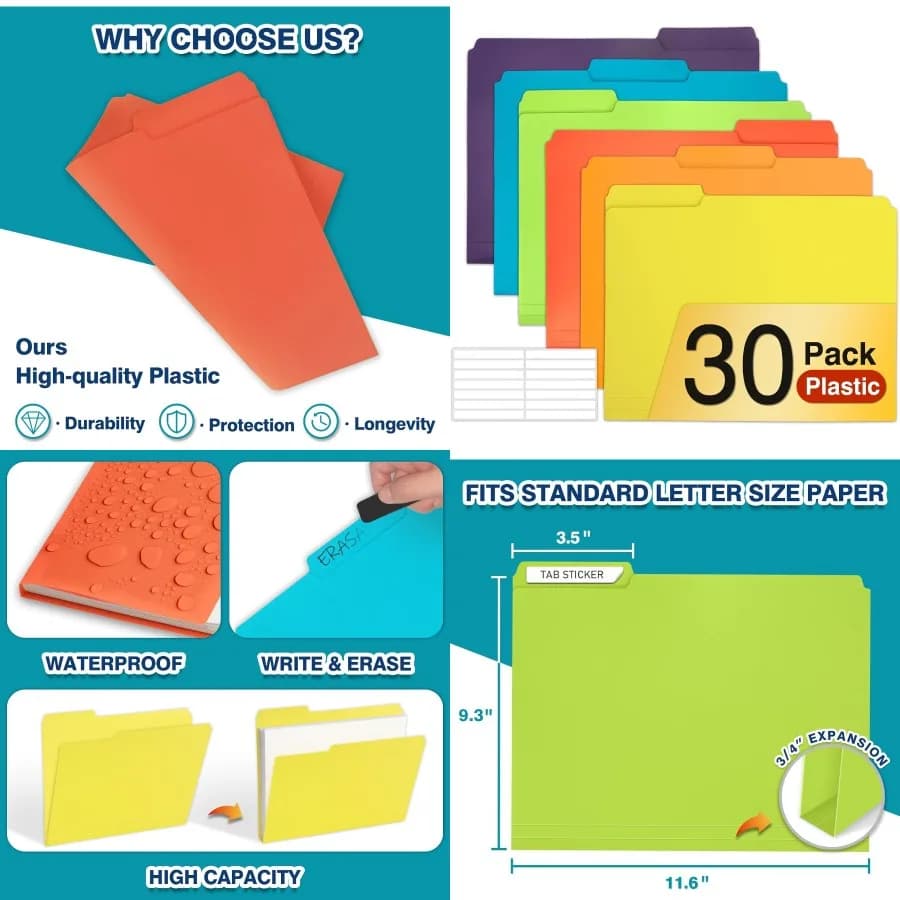 H4D Confezione da 30 cartelle di file colorate Cartelle di plastica Manila con linguette a 1/3 tagli Dimensioni lettera Forniture per ufficio scolastico per la casa per documenti