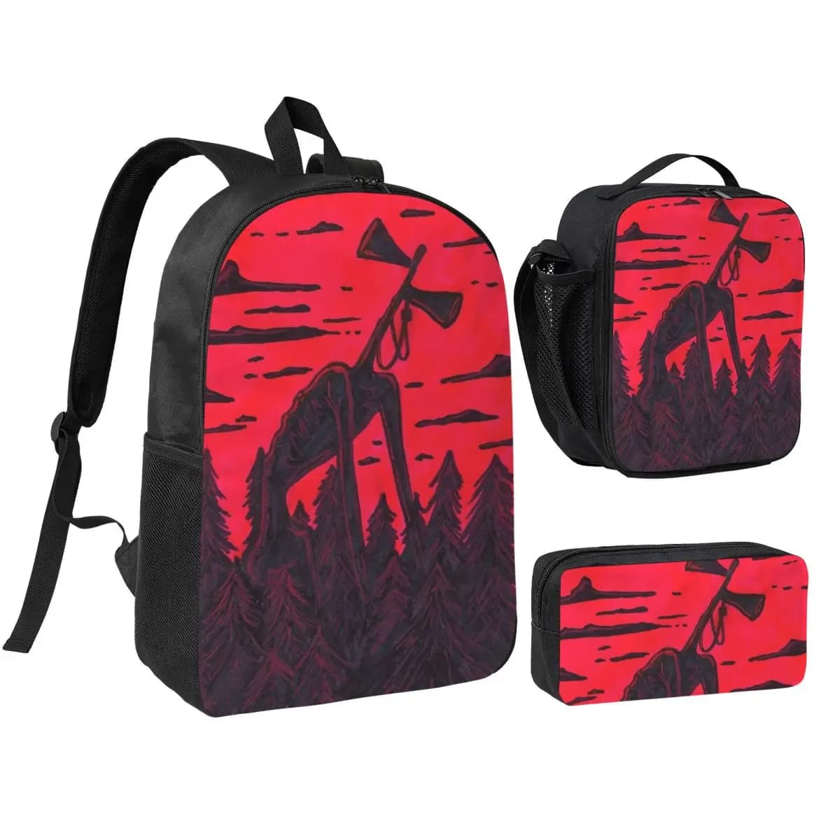 3Pcs Siren Head In Dark Forest Backpack Set for Boy Girl Pen Bags Bookbag Sets with Lunch Box For School Students Knapsack