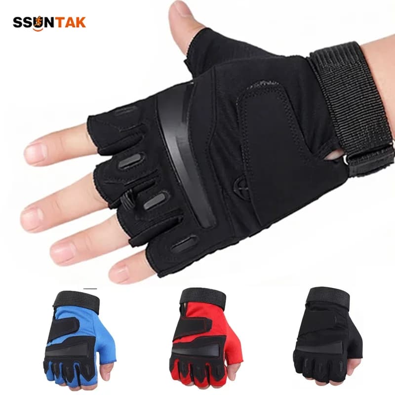 SSUNTAK 1Pair Tactical Cycling Gloves Anti-Slip Shock-absorbing Half Finger Workout Glove for Gym Climb Hunt Motorcycle Train
