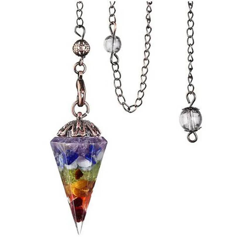Guarigione naturale 7 Chakra Cristallo Quarzo Pendulari Ciondolo Orgonite Orgone Energia Ametista Chip Pietra Resina Dowsing Divinazione