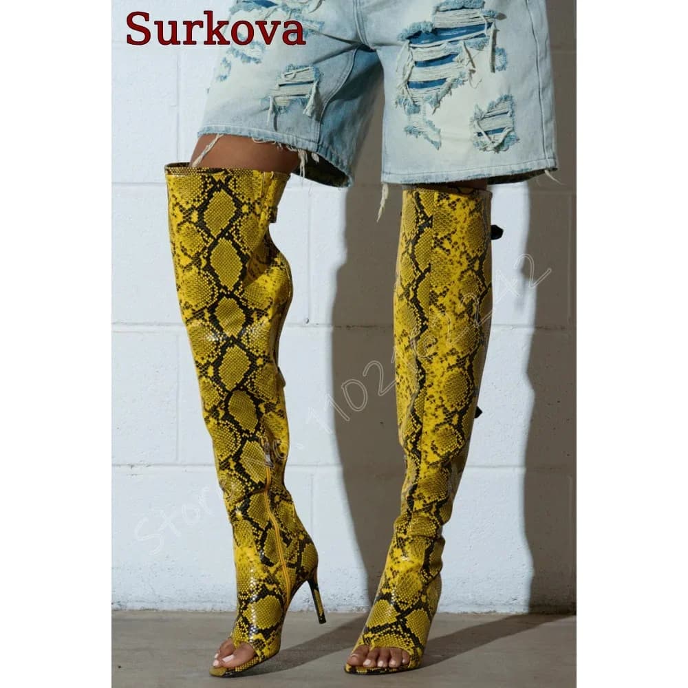 Stivali sopra il ginocchio con punta aperta con stampa serpente Punta tonda Clip Toe Sandali con cerniera laterale a spillo Stivali lunghi Stivali eleganti alla moda Donna 46