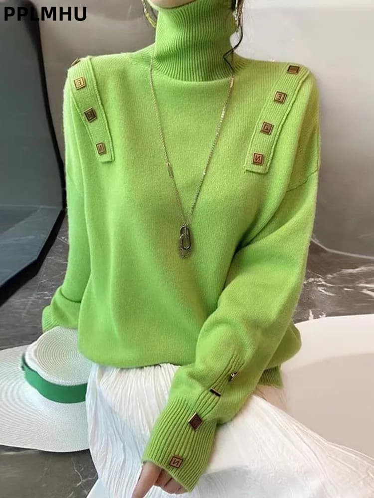 Caldo morbido patchwork dolcevita maglione lavorato a maglia moda casual da donna maglioni larghi nuovi pullover di maglieria con fondo allentato