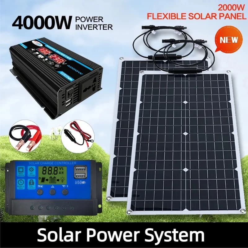 Sistema di Energia Solare 2000W 110V/220V con Pannello Solare 4000W, Inverter e Regolatore di Carica per Batterie 12V per Uso Domestico/Esterno