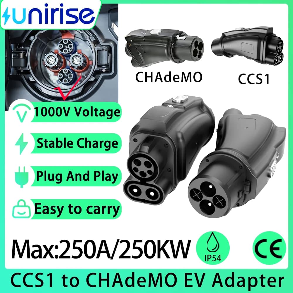 Adattatore caricabatterie EV Unirise da CCS1 a CHAdeMO IP54 Max 250A 1000V, convertitore DC per stazione di ricarica, connettore rapido per veicoli elettrici