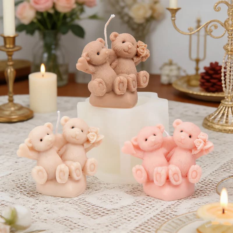 Stampo in Silicone 3D per Candele a Forma di Orsetti Abbracciati, Stampo in Resina per Coppie di Orsetti con Rosa e Cuore, Regalo Romantico Fatto a Mano per Anniversario