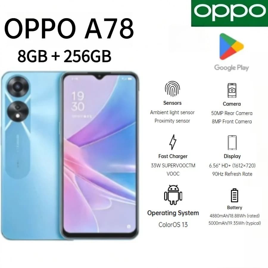 2026 New Arrival OPPO A78 Global Phone 8GB+256GB Memory Dual SIM Design 50MP Smart Camera Android System with Wi-Fi Bluetooth