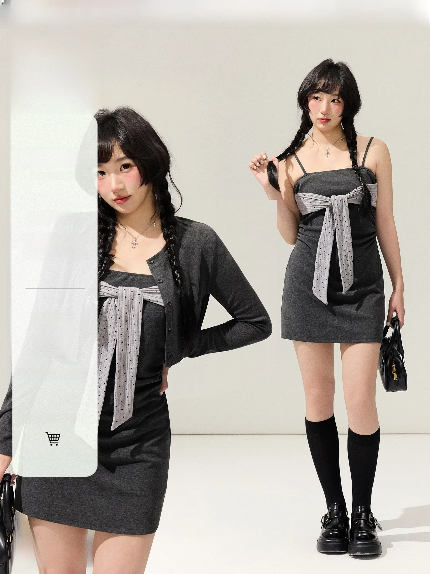 Fashionable College Style Polka Dot Belted Splice Dress Cardigan plus Size Set for Slightly Plump Women Commute Friendly
