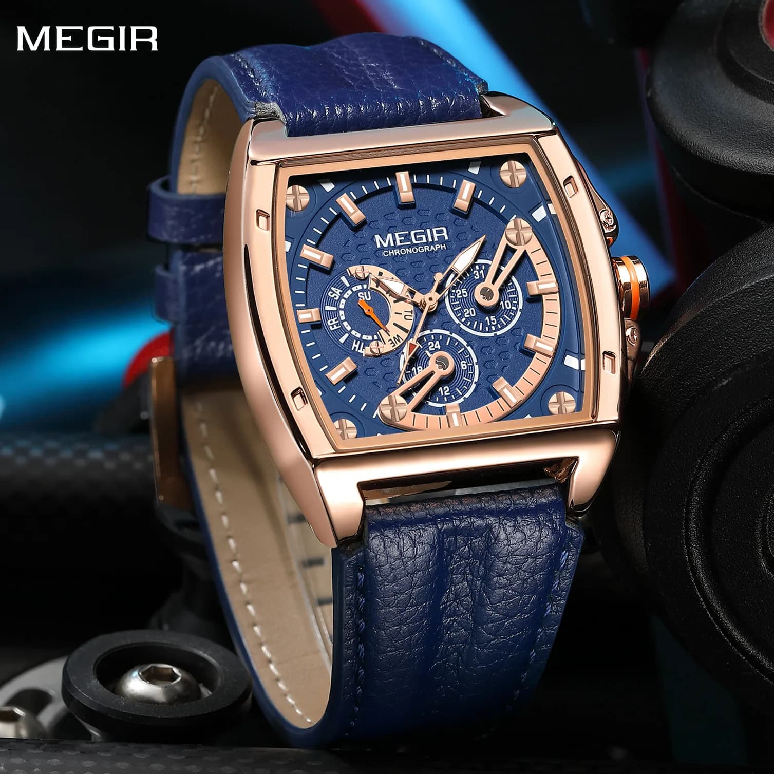 Megir Orologio da uomo di lusso al quarzo, orologio sportivo militare per uomo, orologio da uomo con cinturino in pelle, cronografo con data luminosa, impermeabile