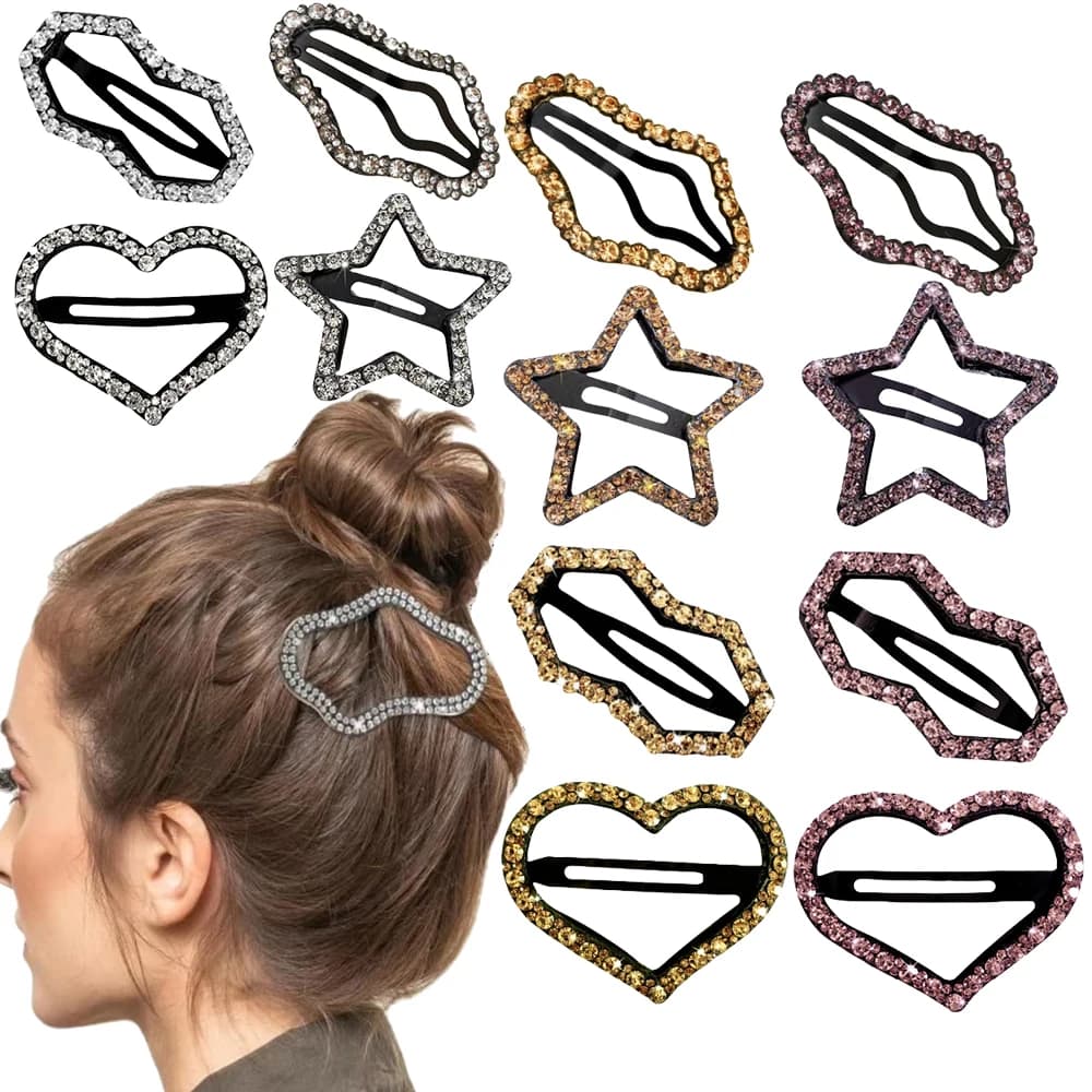4 fermagli per capelli alla moda con strass lucidi, semplici accessori per capelli a forma di stella a cinque punte/cuore/onda, fermagli a scatto per capelli