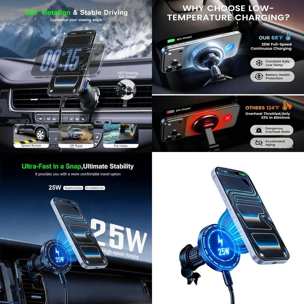 Wireless Car Charger Phone Holder 25W Magnetic Vent Clip 360 Ball Rotation Low Temp for iPhone 17 16 15 Samsung Galaxy S26 Ultra