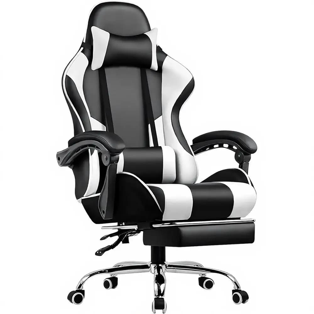 Sedia da Gaming Girevole Regolabile in Altezza con Supporto Lombare e Poggiapiedi in Bianco Perla