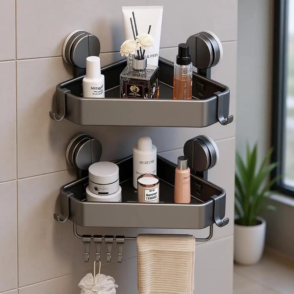 Set di 2 Portaoggetti per Doccia a Ventosa, Senza Foratura, Organizzatore Antiruggine con Portasciugamani e Ganci, Contenitore Rimovibile Grigio per Bagno