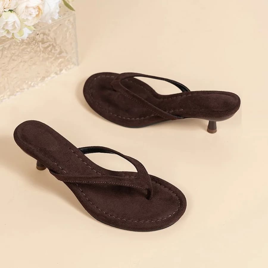New Faux Suede Heeled Thong Sandals Women Mini Thin Kitten Heel Slides Shoes Woman Non Slip Evening Dress Flip Flops Mule Sandal