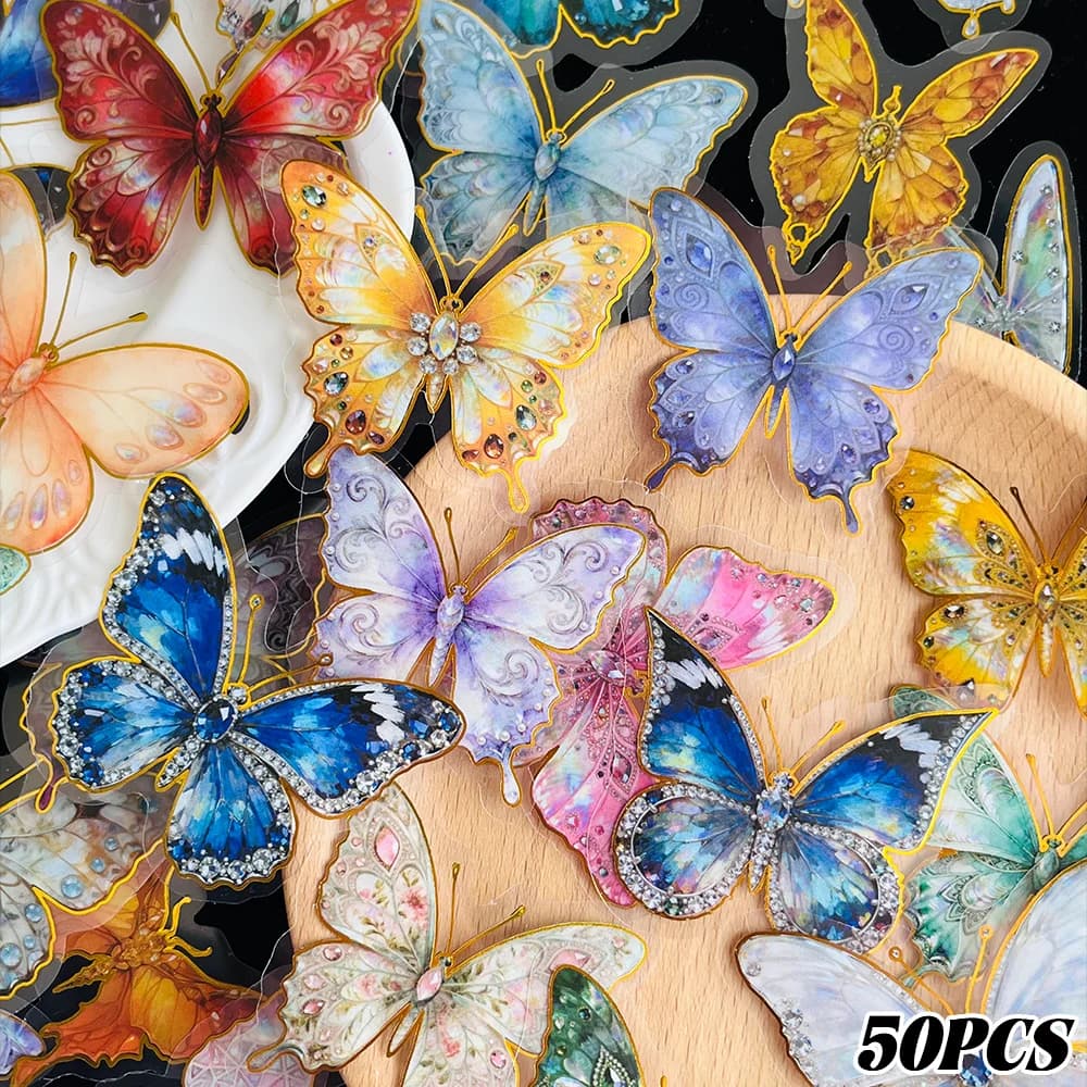50-Piece Set of Gemstone Butterfly Stickers for Laptops, Suitcases, Scrapbooks, Diaries, DIY, Skateboards, and Water Bottles