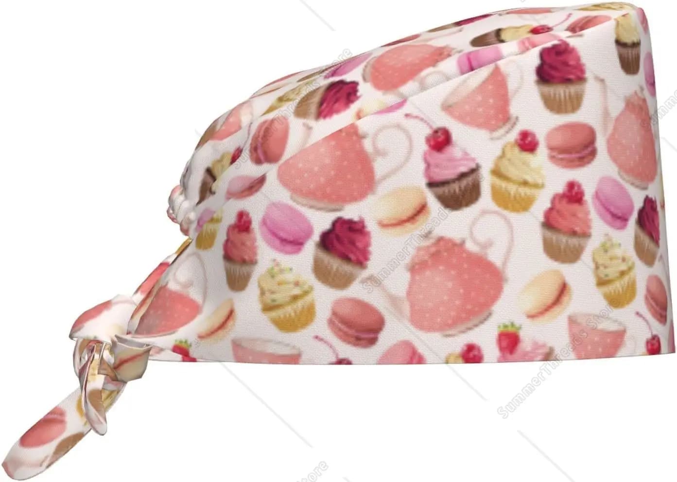 Berretti Scrub Women's Amaretto Cupcake Print Pink Nursery Dental Hats Horsetail Scrub Cap