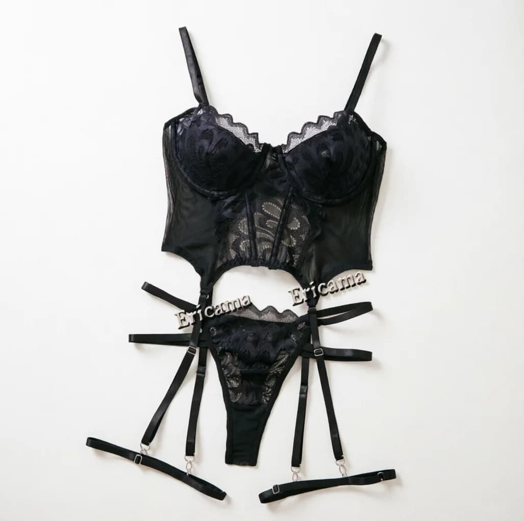 Lace Erotic Lingerie Set Bow Decor Strappy Hollow Out Intimates Bra & Thong & Garter Belt, Women's Sexy Lingerie & Underwear