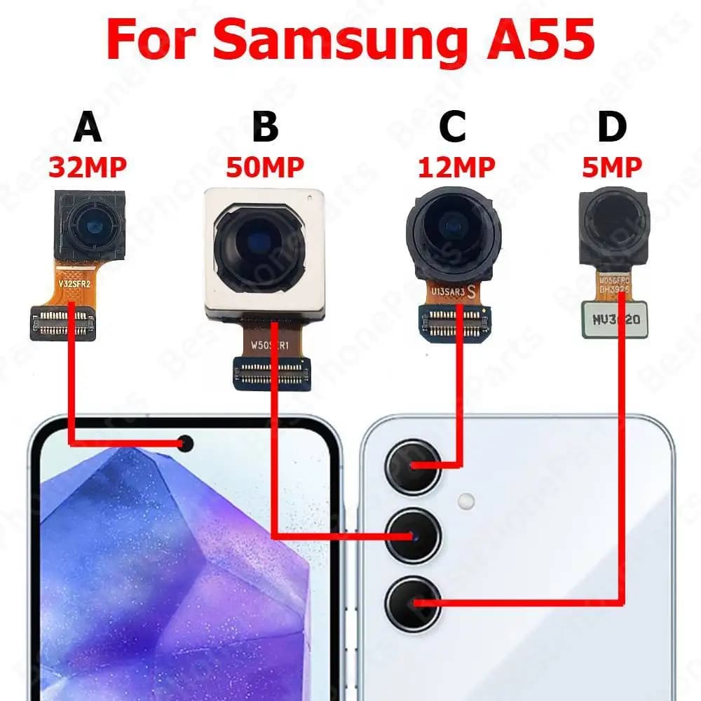 Fotocamera anteriore posteriore per Samsung A55 5G A556 Parte posteriore frontale frontale Selfie Modulo fotocamera posteriore Parti di ricambio per telefono cellulare