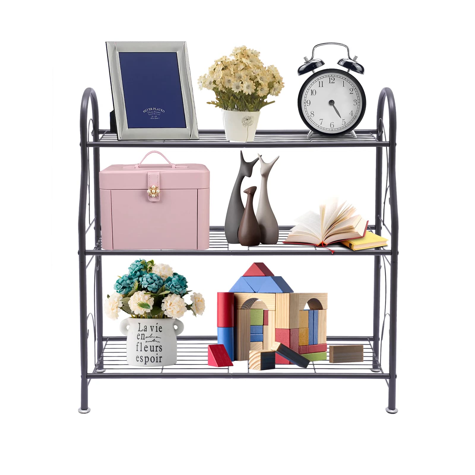 Supporto per piante in metallo a 3 livelli, organizer per scaffali in ferro resistente, carico da 55 libbre per piante da interno, scarpe, libri