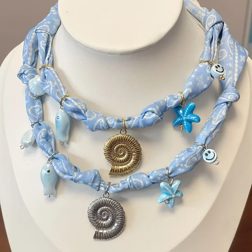 Summer Paisley Scarf Necklace Starfish Shell Fish Conch Charm Necklace Vacation Beach Jewelry Gift for Her