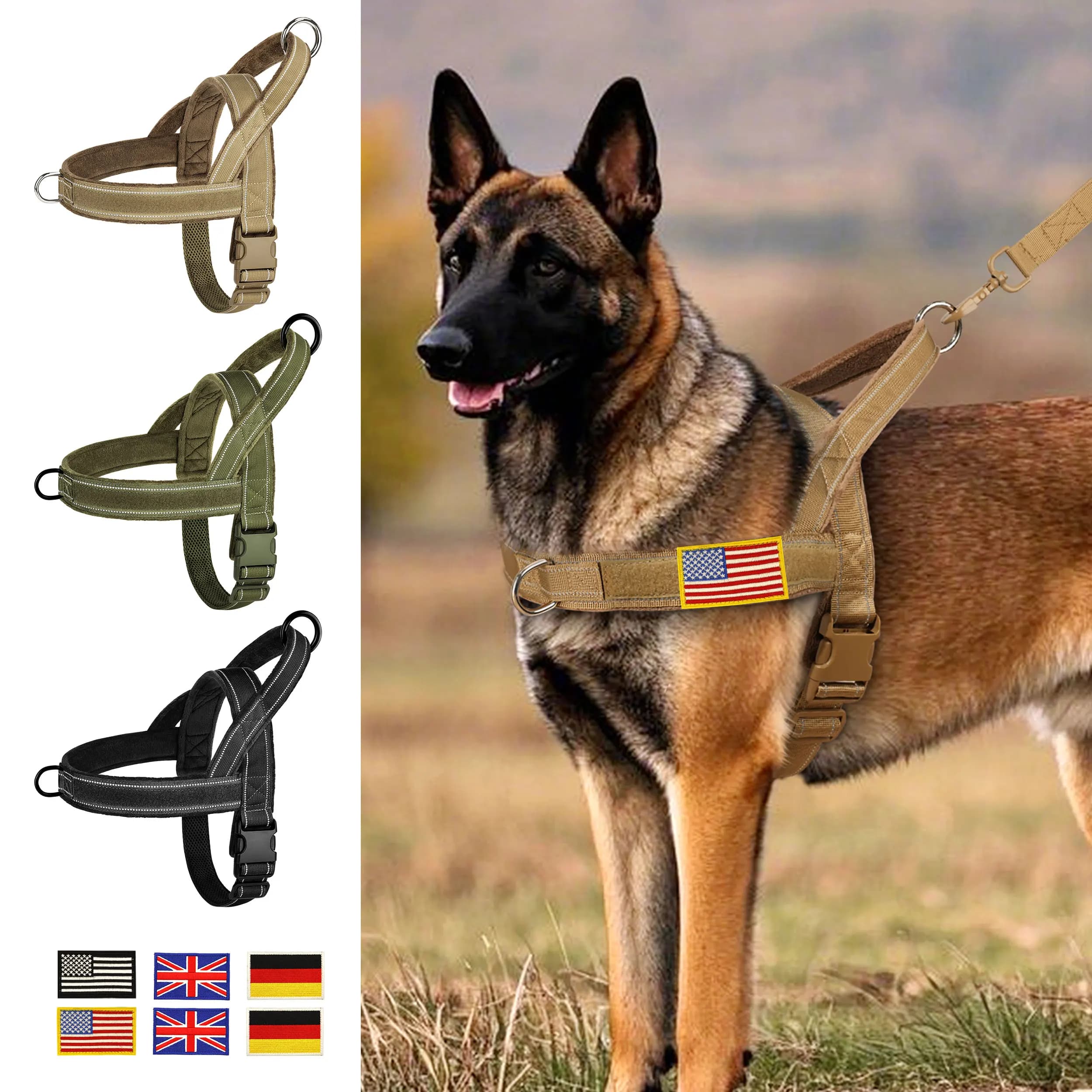 Imbracatura tattica militare per cani Imbracatura per addestramento per animali domestici con manico Gilet riflettente per cani Regalo con bandiera gratuita per cani di taglia media Pitbull