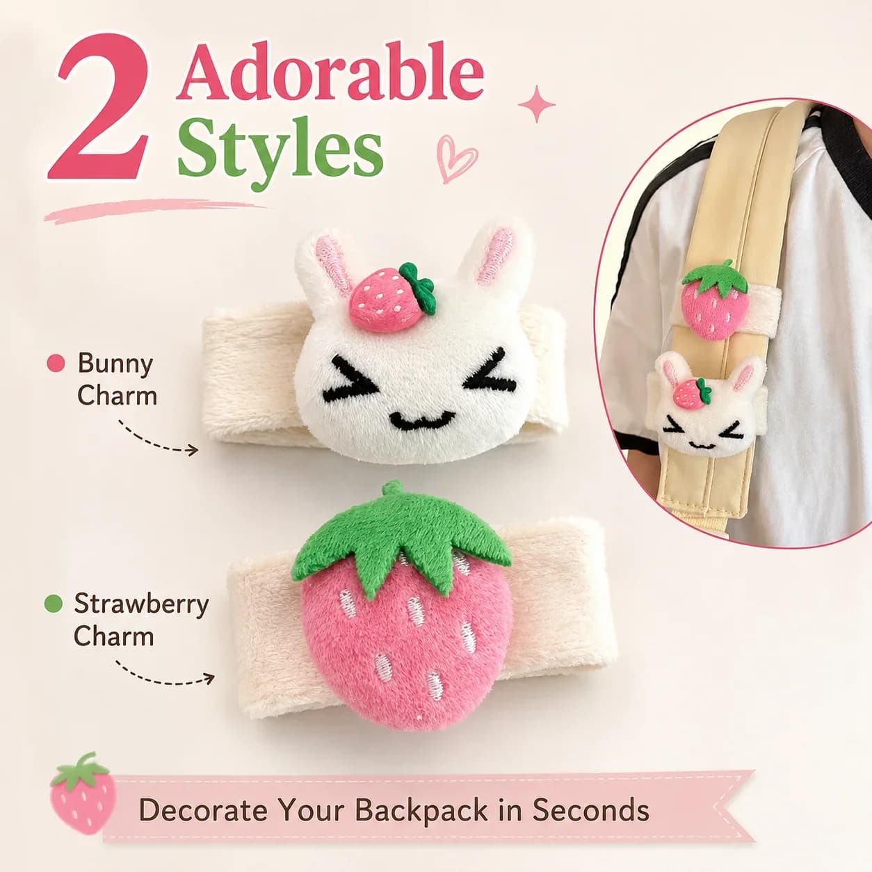 Strawberry Rabbit Plush Backpack Decor, Velcro Strap Cartoon Plush Pendant, Cute Keychain Charm for Girls