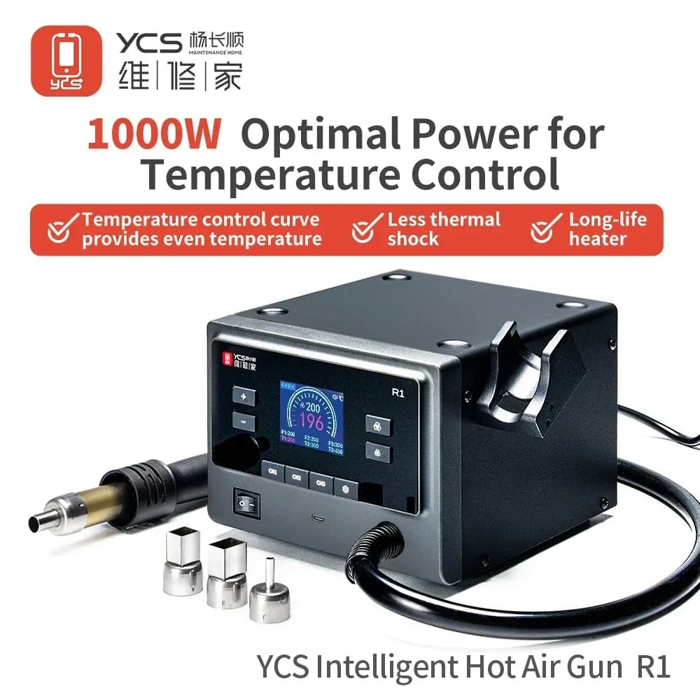 Qianli e YCS R1 Stazione di saldatura intelligente Pistola termica da 1000 W con pistola ad aria calda 4 ugelli per set di strumenti di riparazione di componenti elettronici