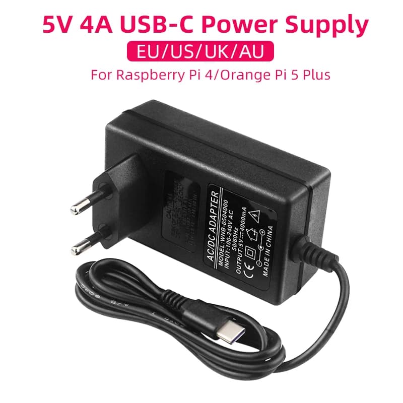 5V 4A power supply for Orange Pi 5 Plus 20W USB Type C Power Adapter EU UK AU Plug for OPI 5/5B/5Plus/4 LTS Raspberry Pi 4B