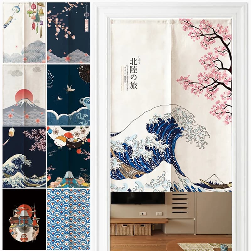 Tenda per porta in lino giapponese Noren Mount Fuji Waves Partizione Camera da letto Cucina Decorazione per ingresso casa Mezza tenda personalizzabile