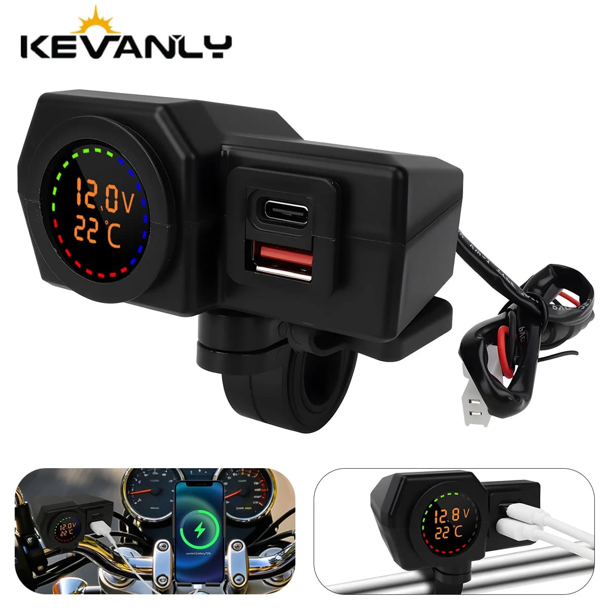 Caricatore USB Rapido per Moto con Presa USB Tipo-C per Manubrio e Base Specchietto Retrovisore, con Voltmetro Digitale e Termometro, Alimentazione 12V