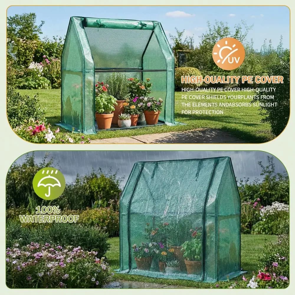 361833in Mini waterproof greenhouse for indoors and outdoors, green table greenhouse, with PE mat and sliding door with zipper, small