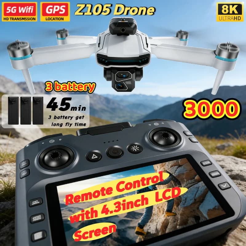 4.3 Inch Screen FPV Drone Z105 4K Dual Camera 3000m Control Distance 15mins Battery Life Obstacle Avoidance Quadcopter for Gifts