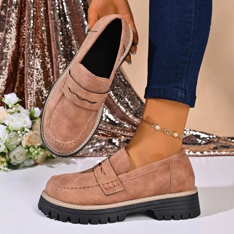Women's Loafers Round Toe Chunky Low Heel Platform Suede Look Slip on Penny Strap Detail Contrast Stitching Lug Outsole Shoes