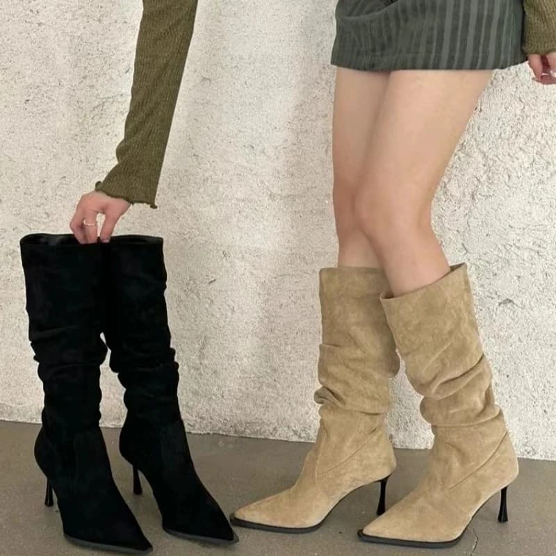 New Light Luxury Korean Style Pointed Toe Women Thin Heel Fashion Pile Boots Elegant High Heel Knee Length Daily Trend Footwear