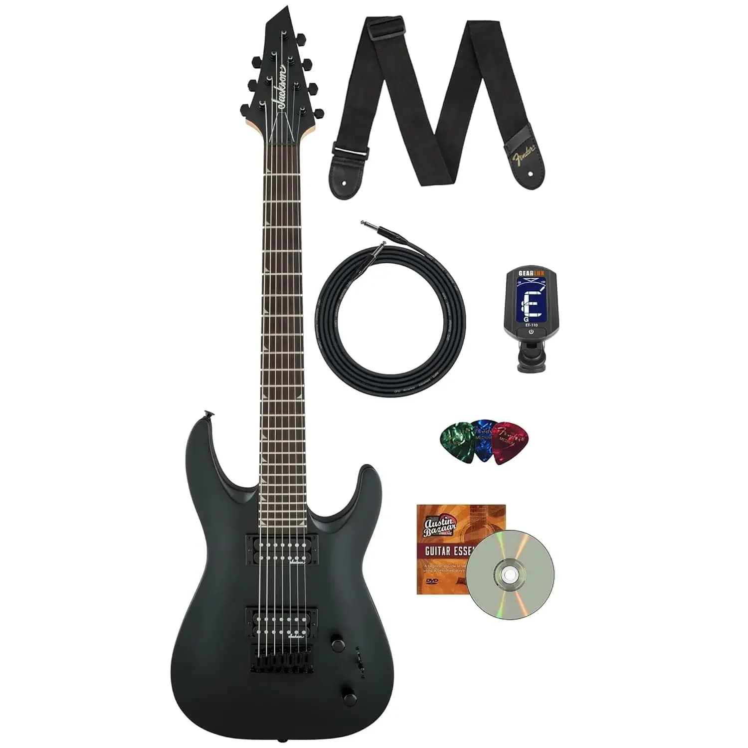 Chitarra Elettrica Dinky Arch Top JS22-7 DKA HT - Nera Satinata, Bundle con Cavo, Accordatore, Tracolla, Plettri e Austin, Personalizzata