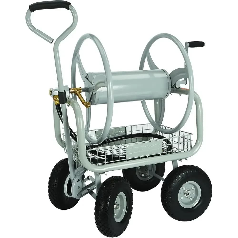 400ft 5/8in Hose Cart with 6ft Leader, Brass Fittings, 10in Tires, and Integrated Basket for Garden Use