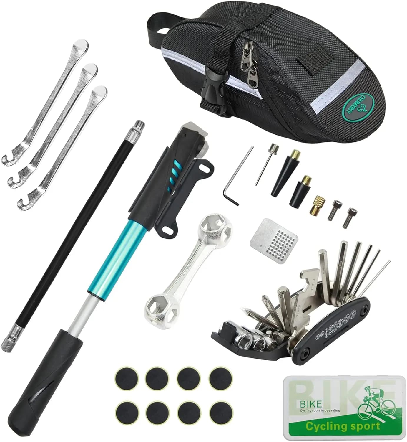 16-in-1 Bike Repair Kit with Mini Pump, 120Psi, Tire Patch for Mountain/Road Bike (Blue)