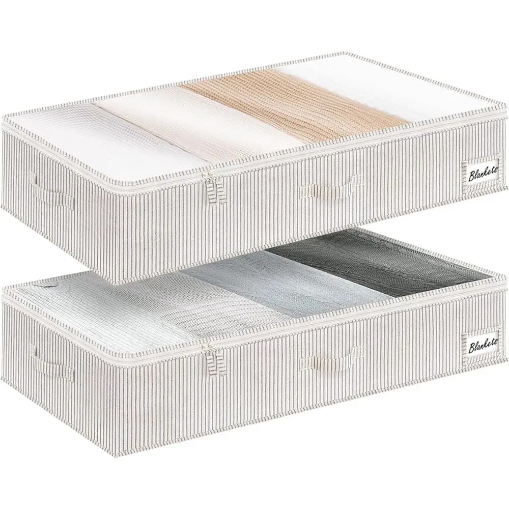 Set di 2 Scatole Portaoggetti Sottoletto in Tessuto Resistente con Maniglie e Portaetichette per Vestiti, Coperte e Maglioni