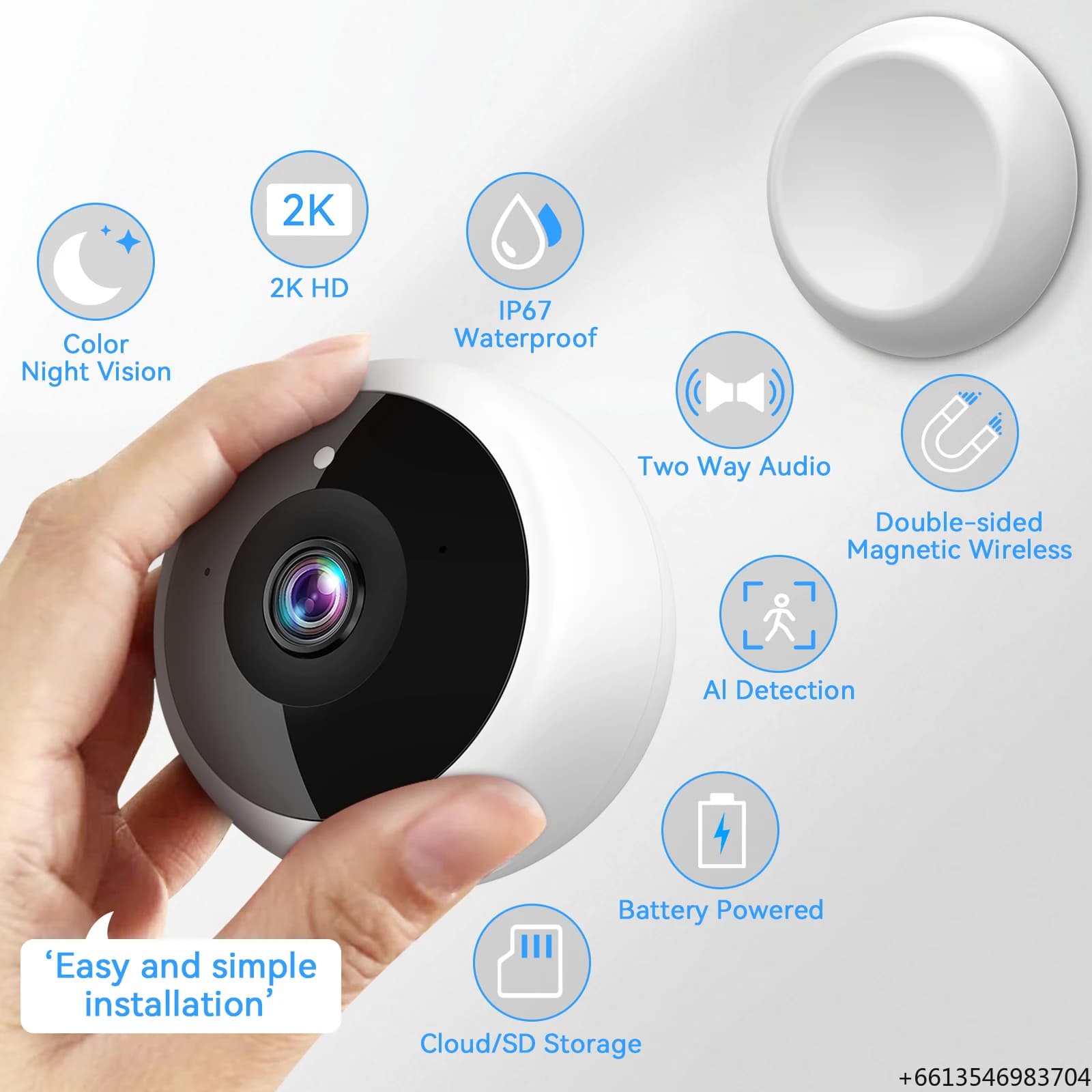 Telecamera di Sicurezza 2K HD con Rilevamento Movimento AI - Wireless, Audio Bidirezionale, Visione Notturna a Colori IR, Impermeabile Magnetica