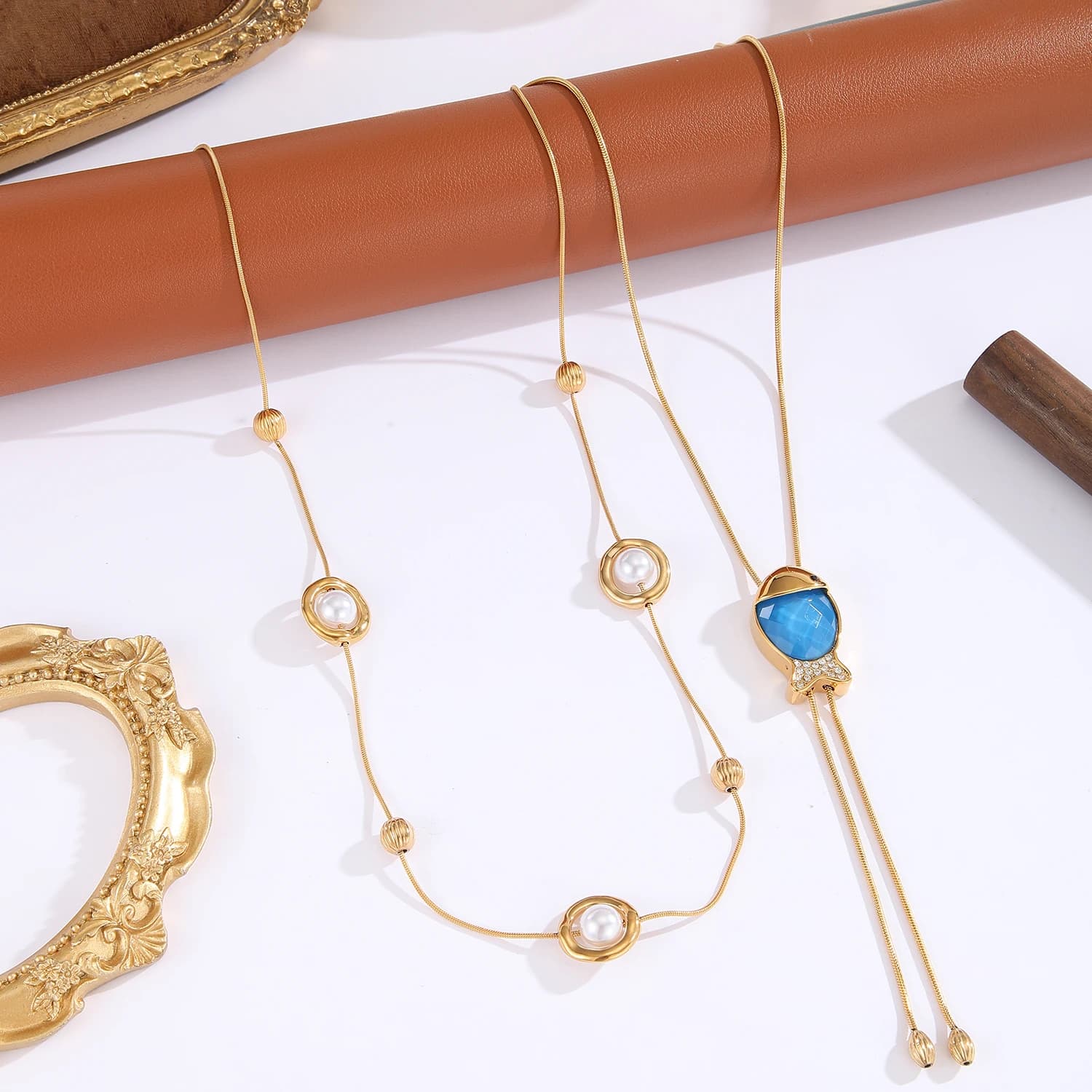 Gold Plated Bolo Slide Long Sweater Y-Necklace for Women Cute Fish Pendant Rotating Imitation Pearl Snake Chain Jewelry Gifts