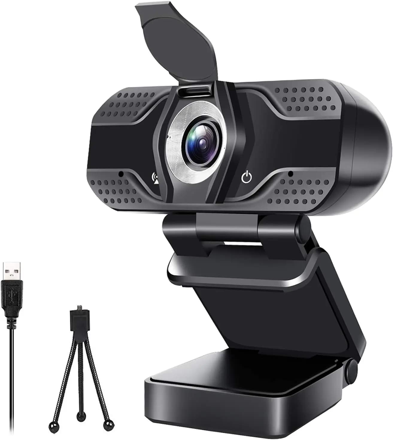 Webcam Full HD 1080P con doppio microfono, 110 ° Obiettivo grandangolare, copertura per la privacy e treppiede, Plug & Play per PC/Mac