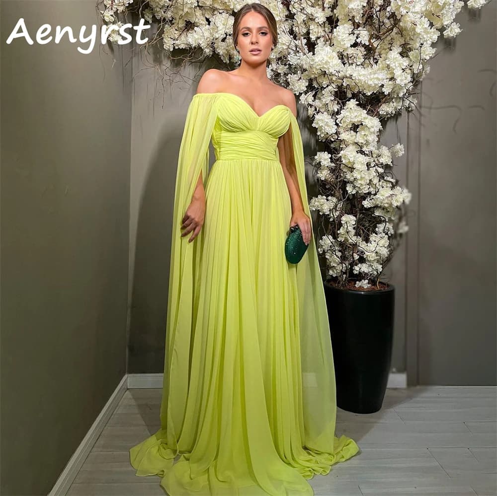 Aenyrst Abito da ballo giallo con spalle scoperte maniche lunghe ad aletta Abito da sera in chiffon personalizzato A Line Abito da sera lungo fino al pavimento