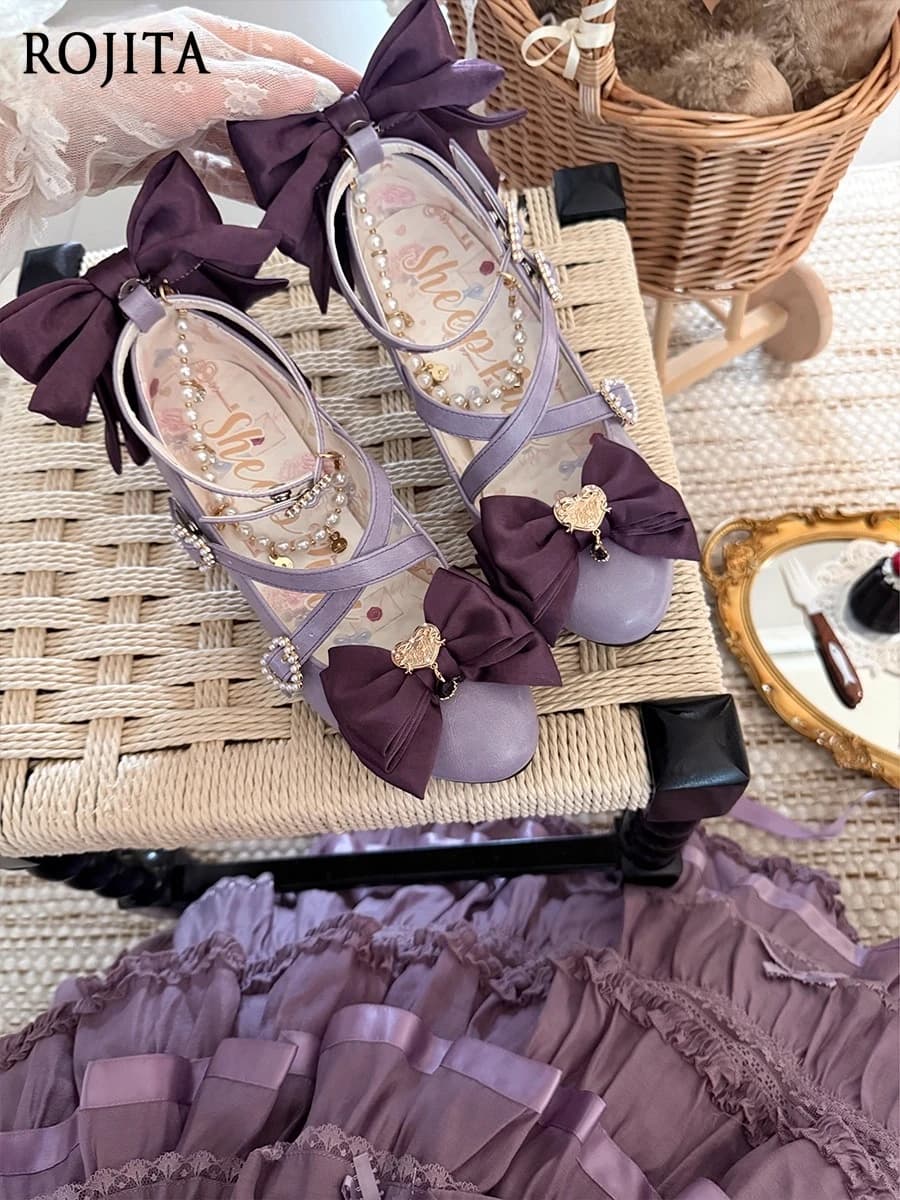 Spring New Sweet Lolita Bowknot Shoe for Women Clip High Heels Solid Color Round Toe Stiletto PU Leather Single Shoes