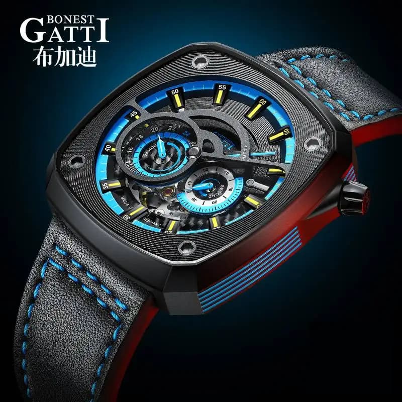 BONEST GATTI Orologio automatico Orologio da polso meccanico di lusso Quadrante luminoso quadrato Orologi con cinturino in pelle per uomo
